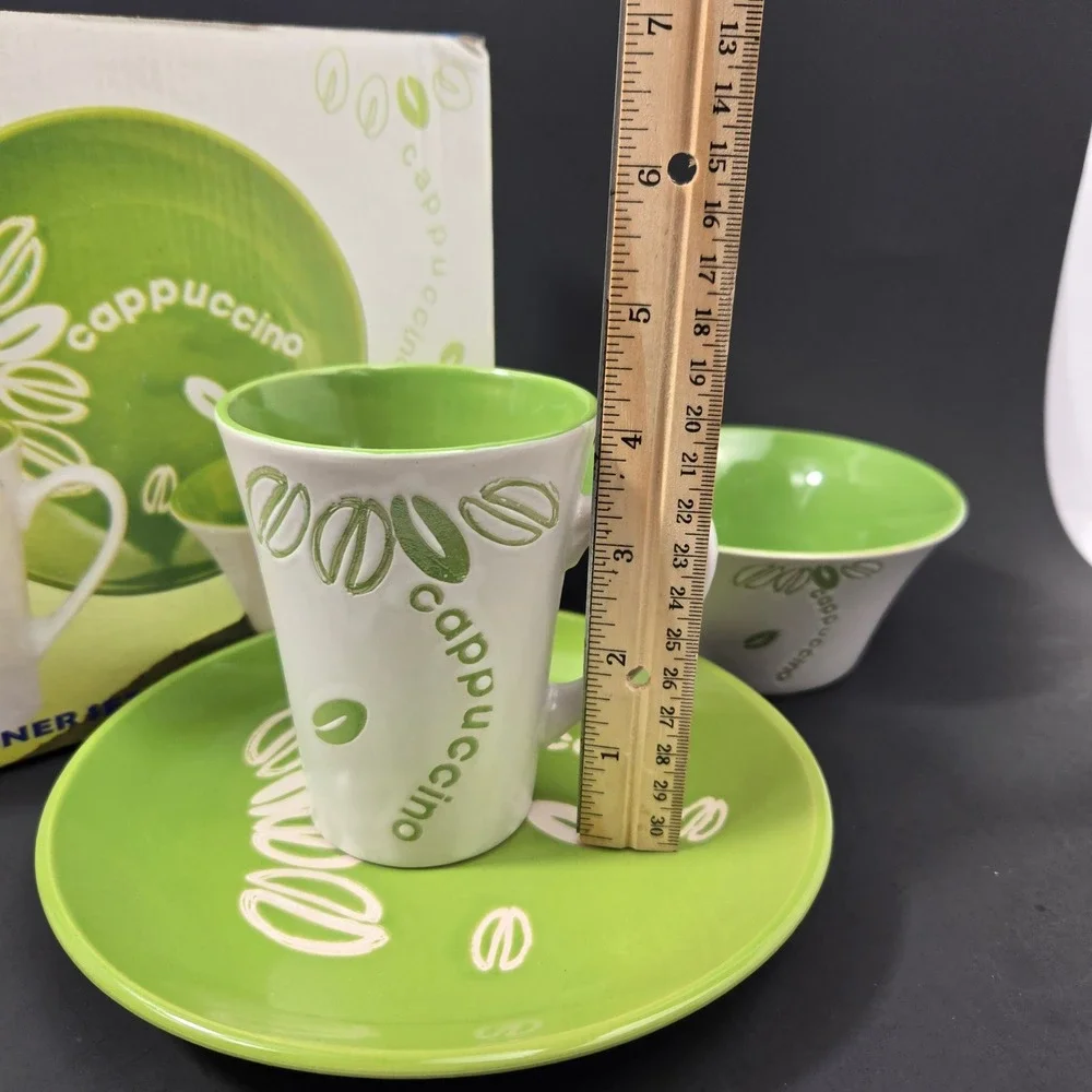 Decorating Touch 3pc Cappuccino Dinner Set Lime Green White Mug Bowl Plate NEW